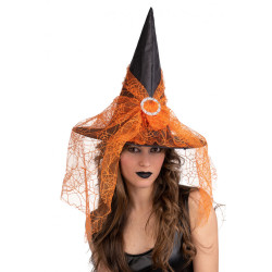 Čarodějnický klobouk s oranžovým závojem